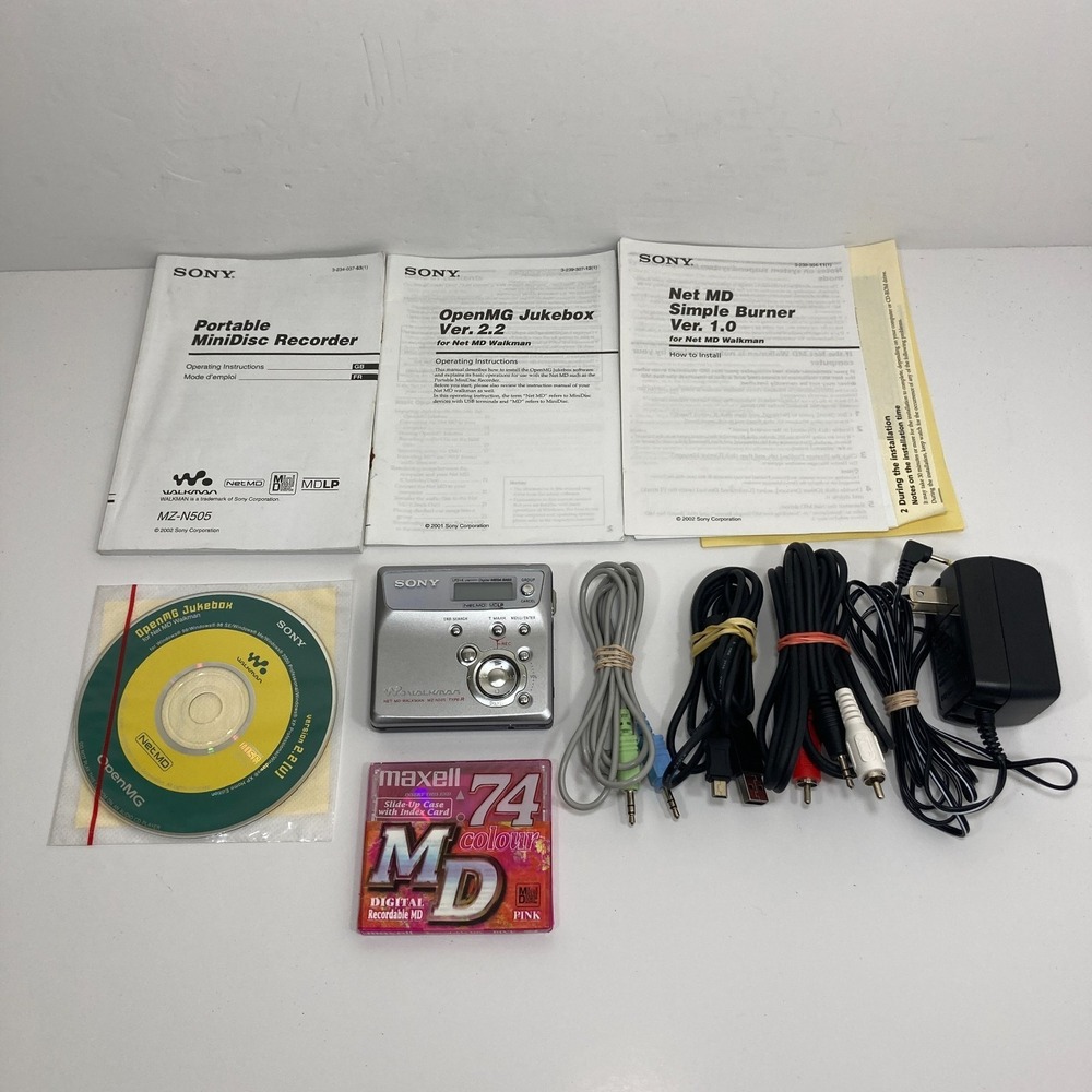 Sony MZ-N505 Net MD Walkman MiniDisc Recorder Player Bundle - TESTED